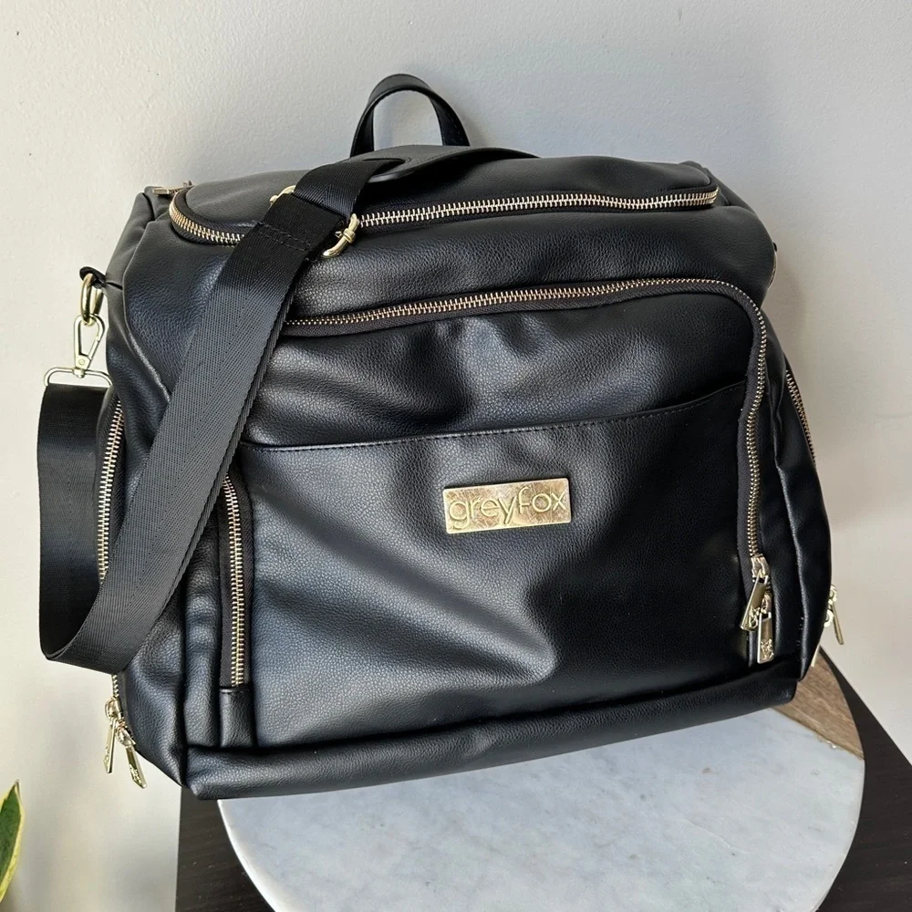 Greyfox Diaper Bag Vegan Leather Black Backpack with shoulder Strap Large